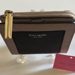 New Kate Spade Small Leather Bifold Wallet—Black & Taupe Style Marquax